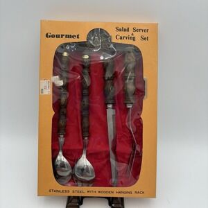 1970's Wood Handled Salad Serving & Carving Set Hanging‎ Display NEW Retro Eagle